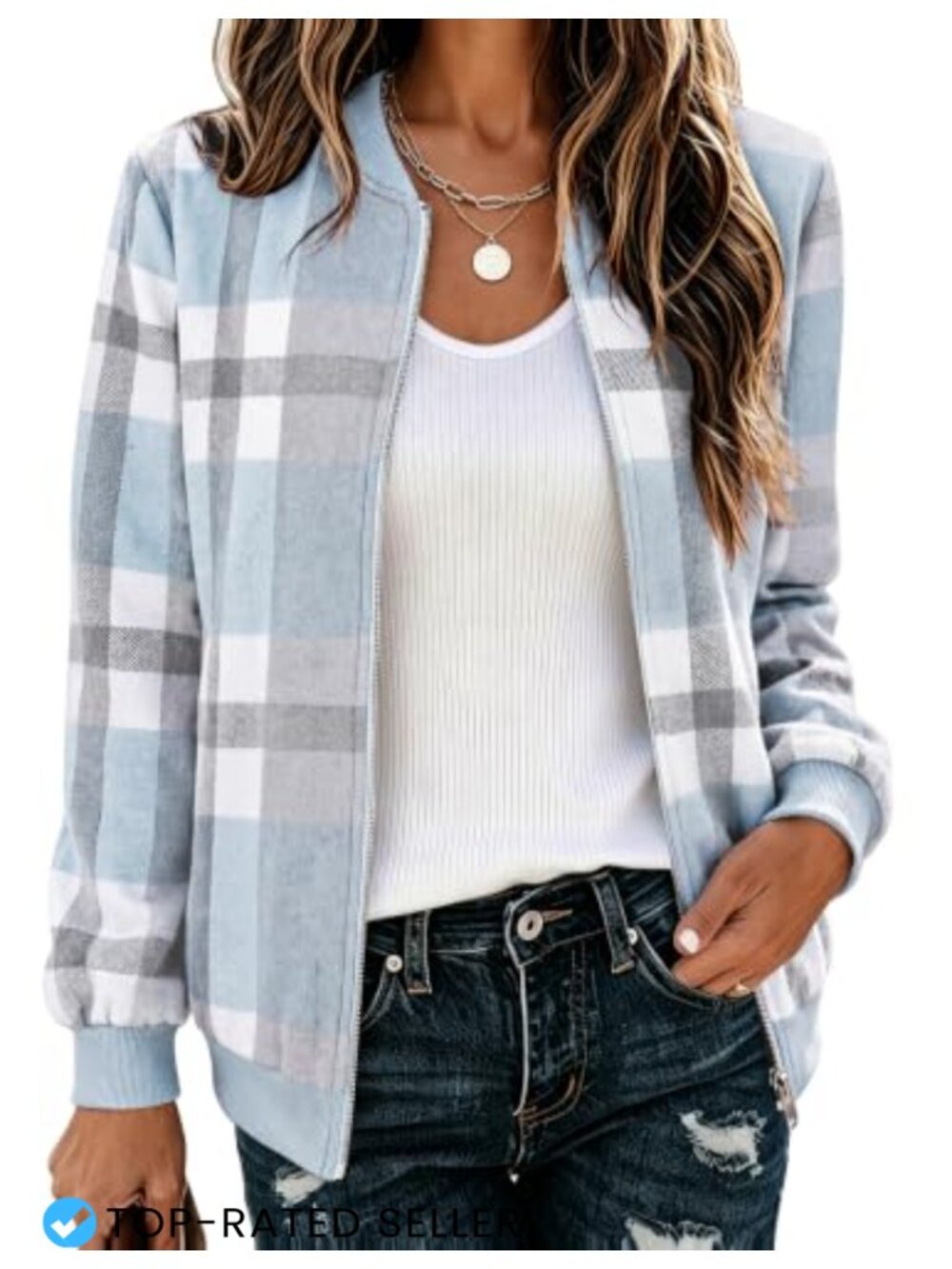 Zeagoo Women's Lightweight Bomber Jacket Plaid Flannel Coat Zip Up